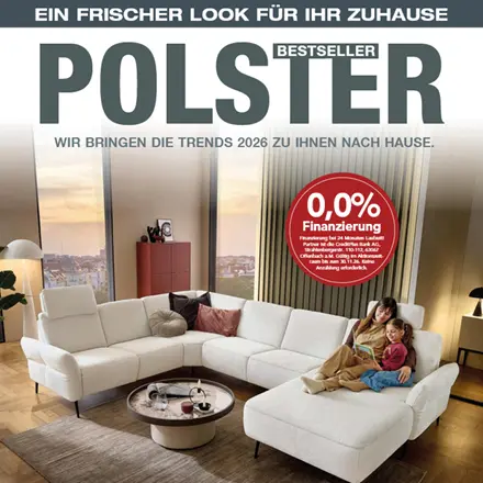 Helles Ecksofa mit zwei Personen, Couchtisch und Text Polster Bestseller